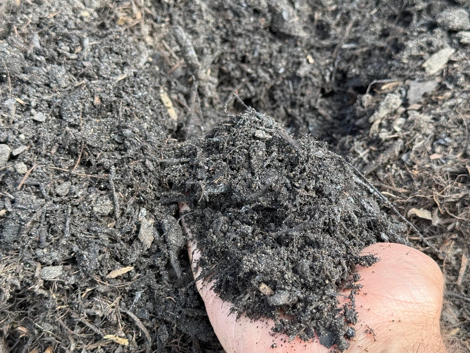 A handful of coarse grade compost